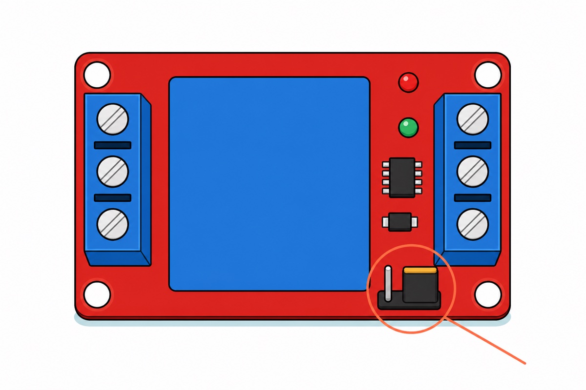 Cartoon top view of a red single-channel relay module with a blue relay cube, a blue three-way screw terminal on each edge, red and green indicator dots, and an orange circle highlighting the three-pin jumper block with its cap seated on the two right-hand pins