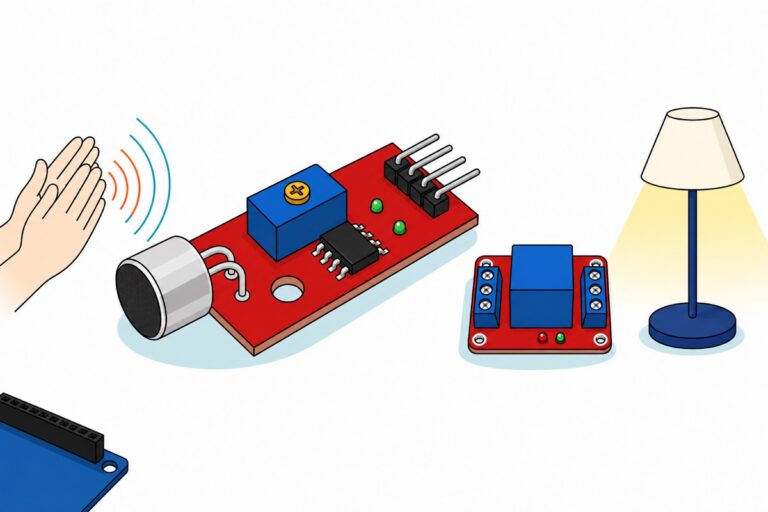 Cartoon of two hands clapping beside a red KY-037 sound sensor board with a silver microphone capsule and blue trimmer, teal sound waves travelling from the clap into the microphone, with a red relay module with a blue relay cube and a lit table lamp with a cream shade to the right