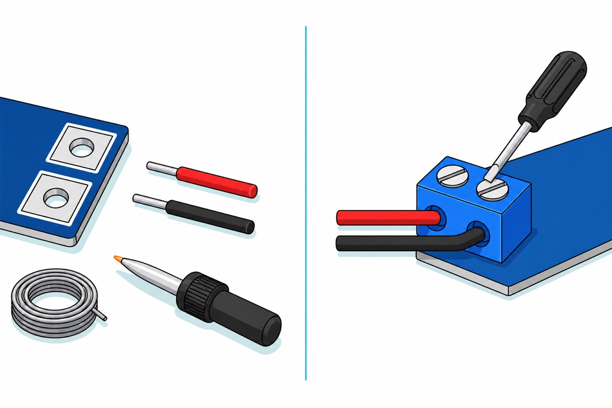 Cartoon comparison of a deep-blue board corner with two bare silver-ringed through-holes, loose red and black tinned wires, a soldering iron and solder coil, beside a blue board corner with a bright-blue screw terminal block holding red and black wires and a screwdriver in one screw
