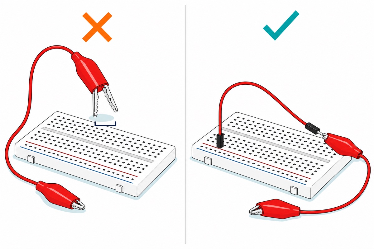 Cartoon of two panels: a red-booted crocodile clip with open silver serrated jaws hovering over a white breadboard and spanning four holes with an orange cross, beside the same clip gripping the metal pin of a red dupont jumper whose other end is plugged upright into the breadboard, with a teal tick