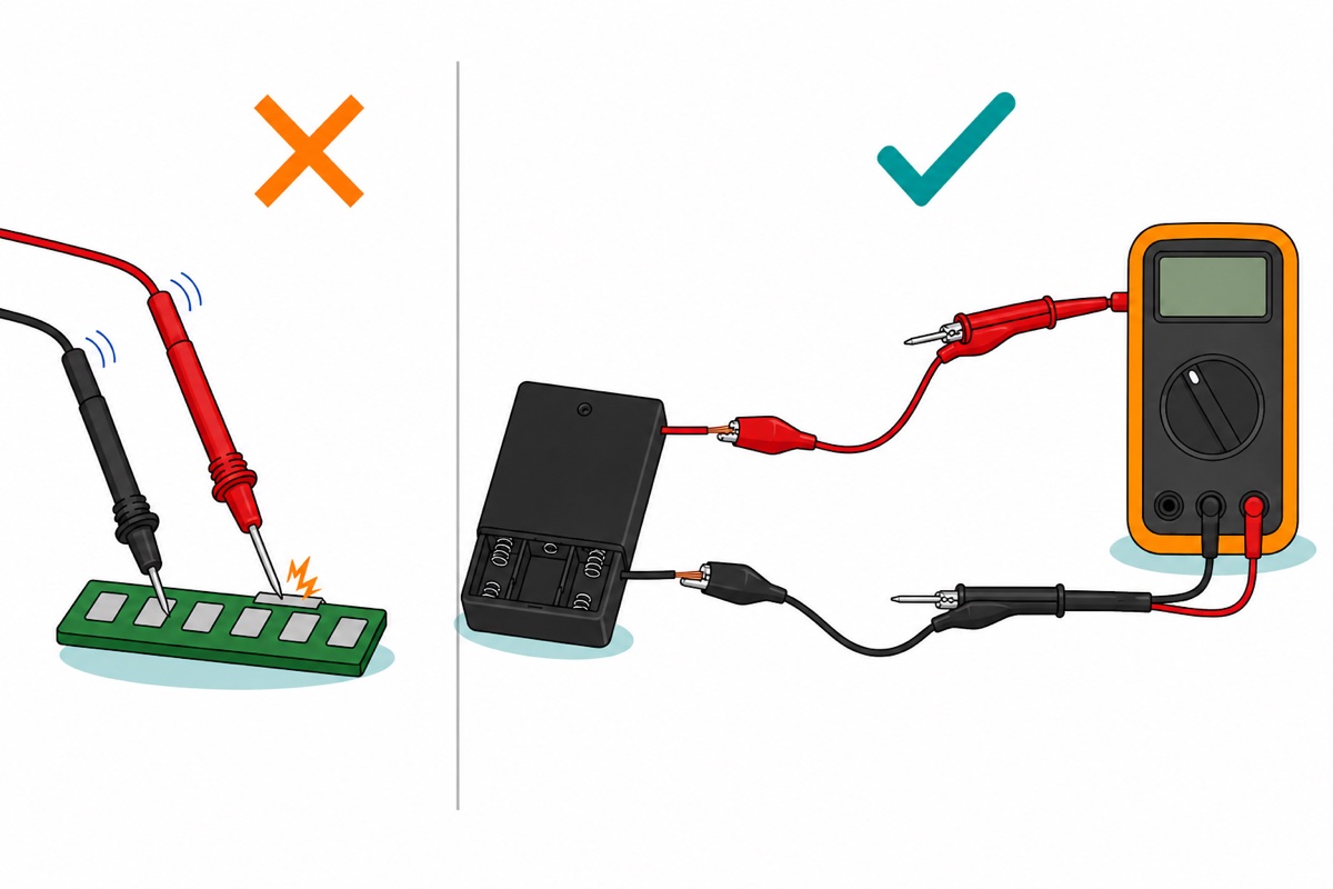 Cartoon comparison of two unsteady pointed test probes slipping across neighbouring silver pads on a green circuit board with an orange cross, beside red and black crocodile clip leads holding an orange multimeter's probes onto a black AA battery holder's wires with a teal tick