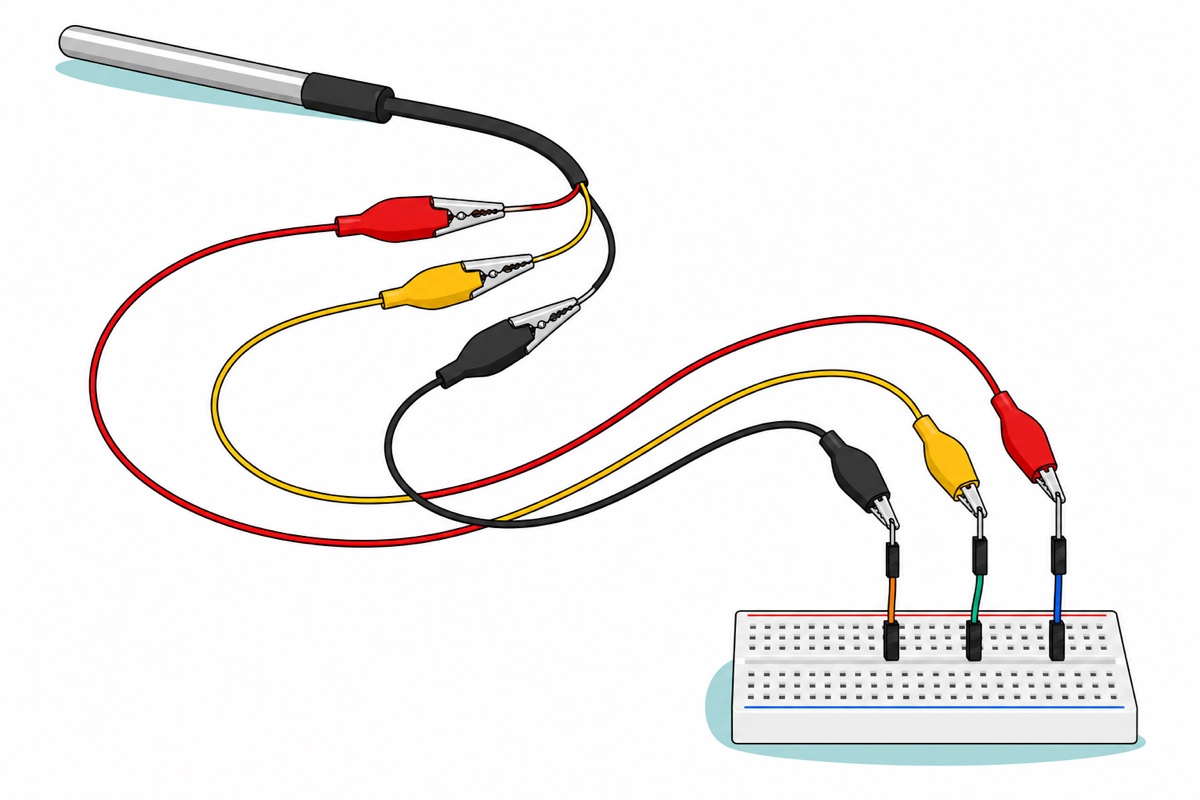 Cartoon of a silver stainless steel temperature probe on a black cable whose red, yellow and black stripped wire ends are each held by a matching coloured crocodile clip lead, the far jaws gripping dupont jumper pins that plug into a white breadboard