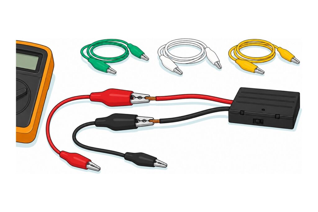 Cartoon of a red and a black crocodile clip lead with silver serrated jaws gripping the bare copper ends of a black four-slot AA battery holder's wires, with green, white and yellow clip leads coiled behind and an orange multimeter at the left edge