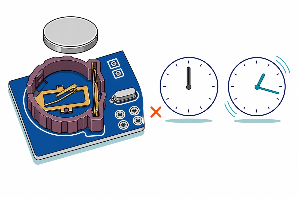 Cartoon close-up of the empty translucent maroon coin-cell holder on a dark blue Arduino shield with a silver coin cell about to be fitted, beside one stopped clock face and one running clock face