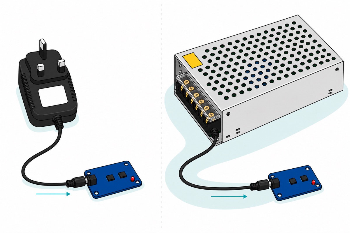 Cartoon comparison with a small black plug-top adapter on the left and a much larger silver perforated cage power supply on the right, each feeding an identical small blue circuit board through an identical thin teal current arrow, with a wide pale teal band of unused capacity around the large supply