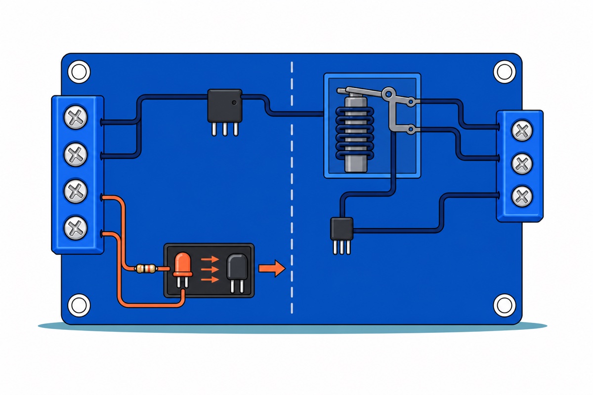 Cartoon cutaway of a royal-blue timer relay module showing an orange trigger loop lighting an LED inside a black optocoupler chip, its light crossing an air gap to a phototransistor that switches a separate navy loop feeding the blue relay coil and its three screw terminals