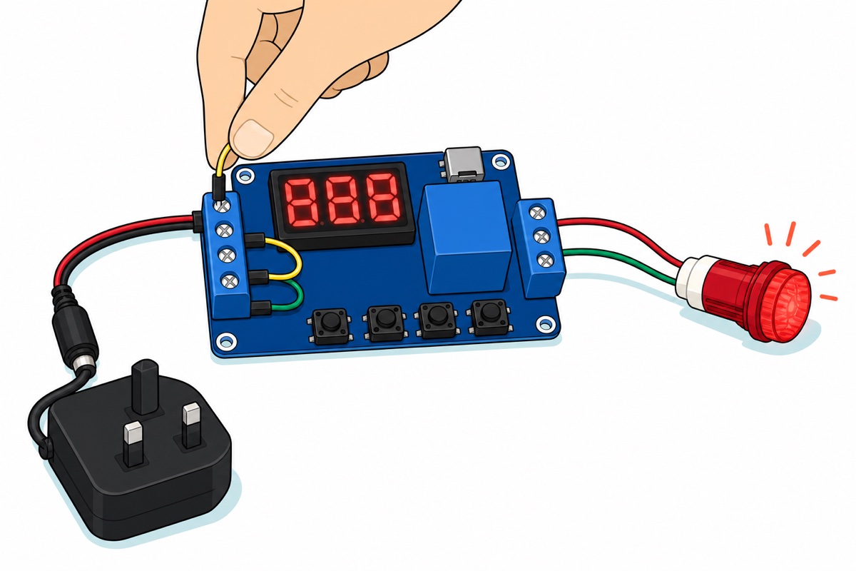 Cartoon of a finished build: a royal-blue timer relay module with a red digit display and blue screw terminals, fed by a black UK-plug adapter through a red and black pigtail, switching a lit red panel indicator lamp, while a hand touches a yellow jumper wire to the trigger screw