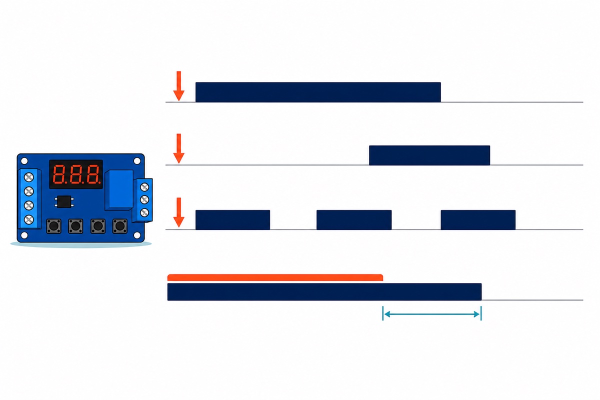 Cartoon timing chart with four tracks showing a royal-blue timer relay module's modes β an immediate timed pulse, a delayed pulse, a repeating cycle, and a held signal whose navy on-block continues past the end of the orange trigger bar