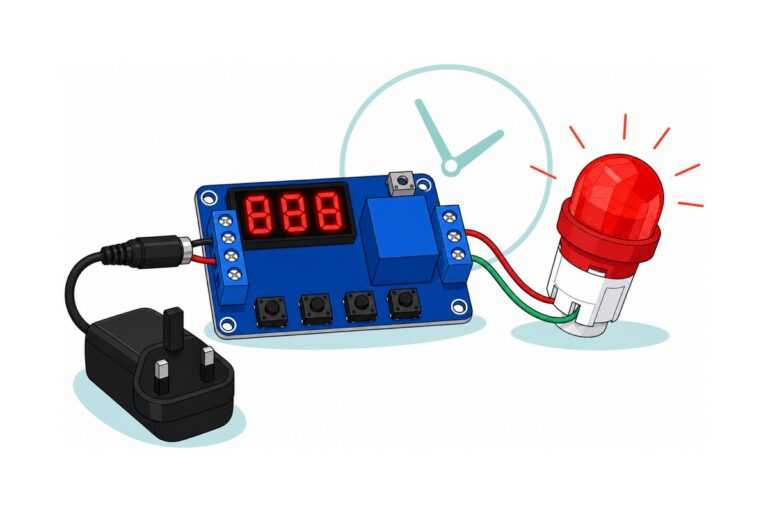 Cartoon of a royal-blue timer relay module with a red three-digit display, a blue relay cube and blue screw terminals, wired to a large glowing red panel indicator lamp, with a pale teal clock face behind and a black UK-plug power adapter entering from the corner