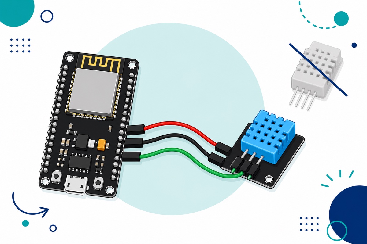 Cartoon of a light-blue three-pin DHT11 module wired to an ESP32 while a generic four-pin bare sensor is crossed out