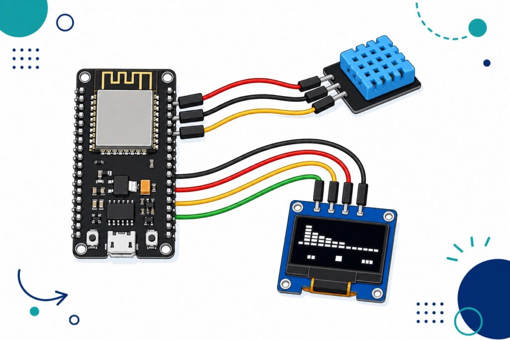 Black ESP32 NodeMCU wired to a light-blue DHT11 sensor module and a blue 0.96-inch OLED display showing glowing white bars