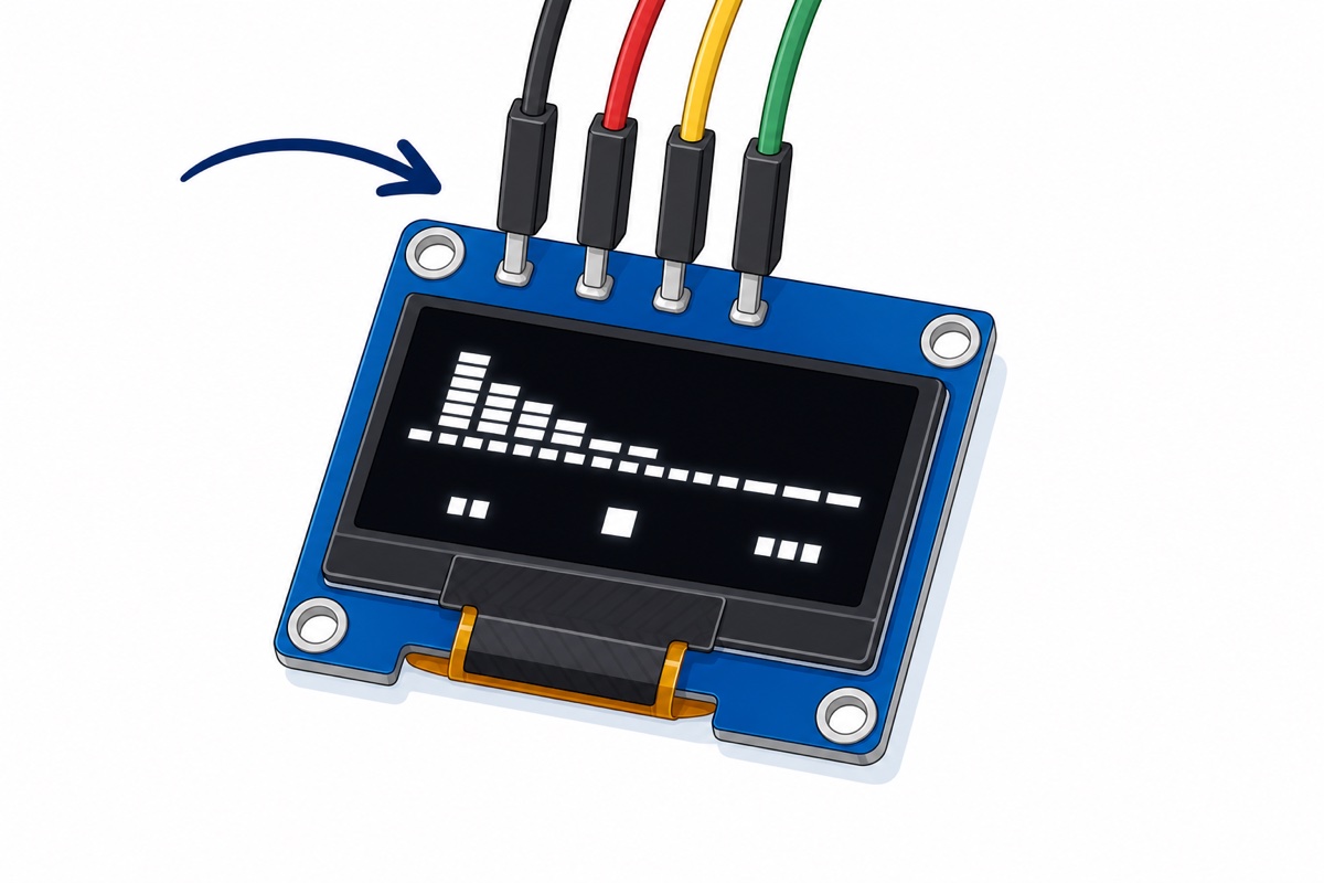 Cartoon close-up of a blue OLED module's four header pins with black, red, yellow and green wires attached in order