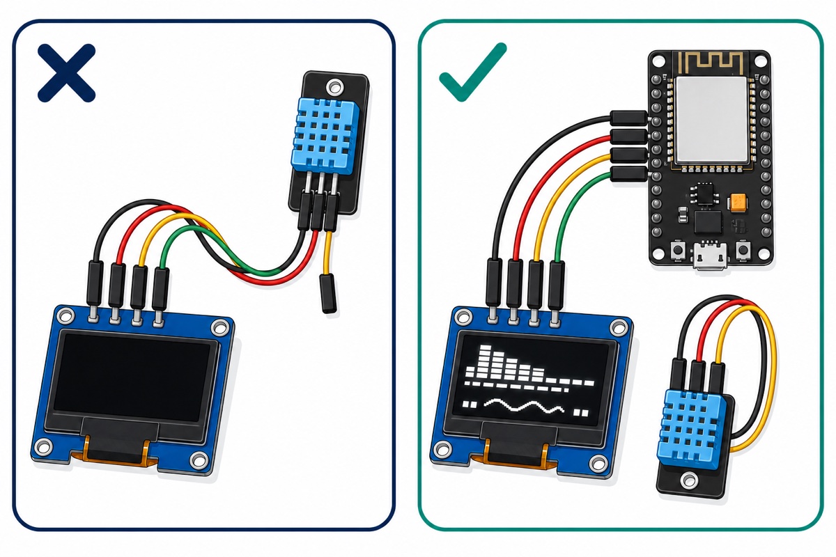 Cartoon comparison of a dark OLED with a loose DHT11 wire versus a glowing OLED with all wires correctly connected to an ESP32