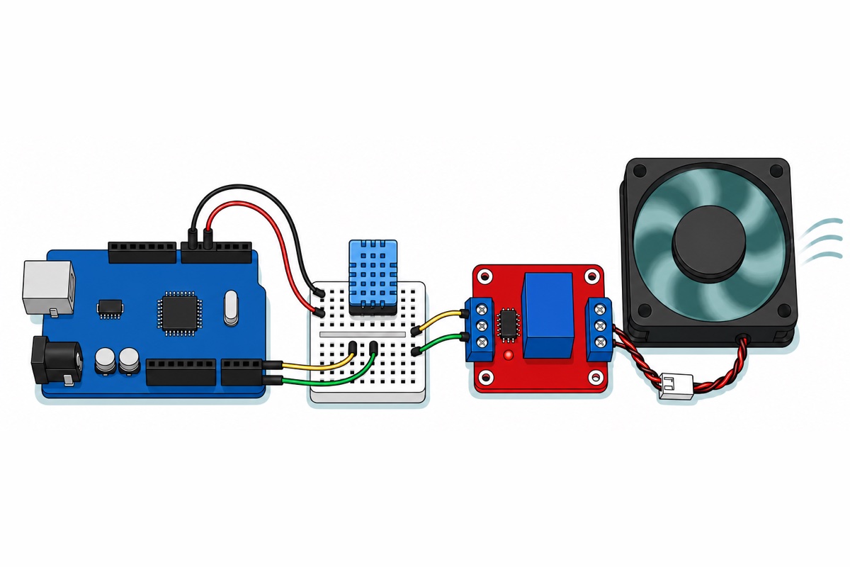 Cartoon of a finished desktop build - a blue microcontroller board, a white mini breadboard holding a pale blue DHT11 sensor on a black breakout, a red relay board with a blue cube relay and blue screw terminals, and a large black square case fan spinning with teal airflow arcs, joined by coloured jumper wires