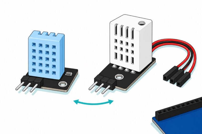 Cartoon of a large light-blue DHT11 sensor block on a small black circuit board beside a large white DHT22 sensor housing on a narrow black board with a red-and-black wire loop, both with three sideways silver header pins, a teal swap arrow between them and a blue microcontroller board cropped small in the corner