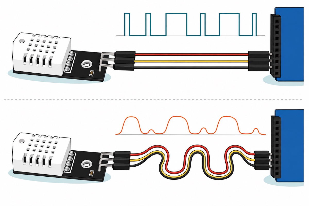 Cartoon comparison of a white DHT22 sensor on a black carrier board wired to a small blue microcontroller board — above, a short taut three-wire run with a crisp teal square-pulse waveform; below, a long coiled three-wire run with an orange waveform whose rising edges lean over and whose narrow pulses slump into low rounded bumps