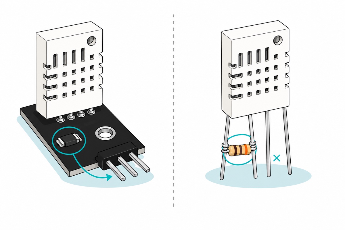 Cartoon comparison of a white slotted DHT22 sensor on a black carrier board with a teal circle highlighting a small surface-mount resistor, beside the same white sensor as a bare four-legged part with a beige banded resistor wired between two of its silver legs, also circled in teal