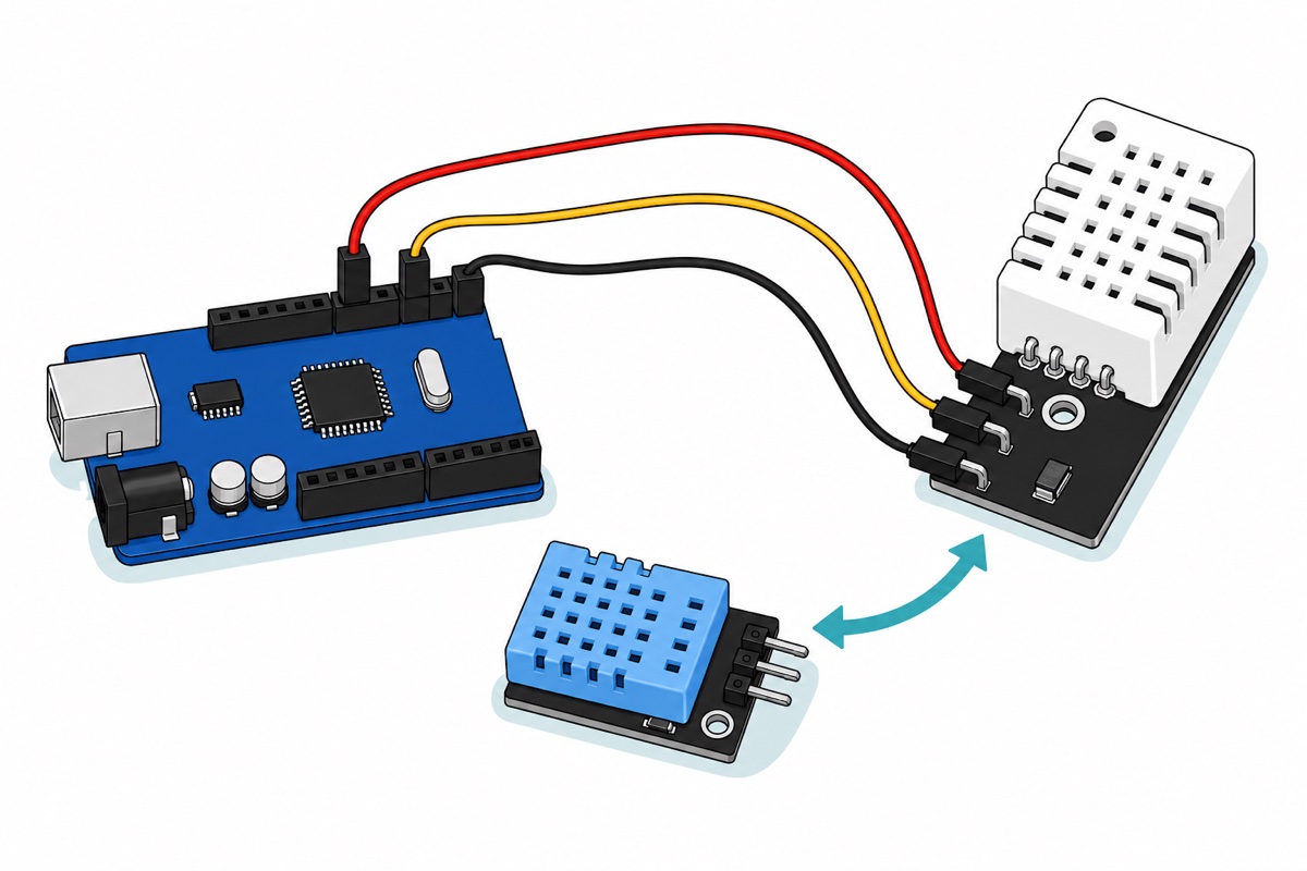 Cartoon of a blue microcontroller board joined by red, black and yellow jumper wires to a white DHT22 sensor on a black carrier board, with a light-blue DHT11 sensor module lying unplugged beside it and a teal double-headed arrow between the two sensors