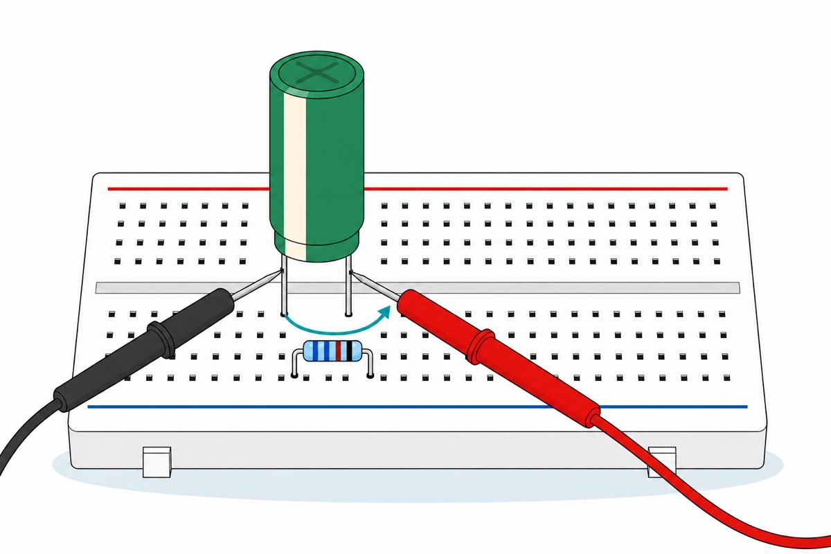 Cartoon of a green-sleeved electrolytic capacitor standing in a white breadboard with a light-blue resistor bridging its two silver legs and red and black meter probes touching them, a teal arrow looping through the resistor