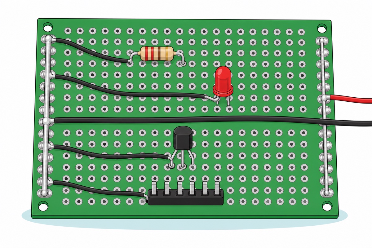 Cartoon of a green donut board with a bare silver wire soldered along the whole left column of oval pads as a ground rail, black wires from a beige resistor, a red LED, a black transistor and a black header strip each landing on that rail, one thicker black wire leaving the middle of the rail, and a thinner second silver rail on the right edge with a red wire leaving it