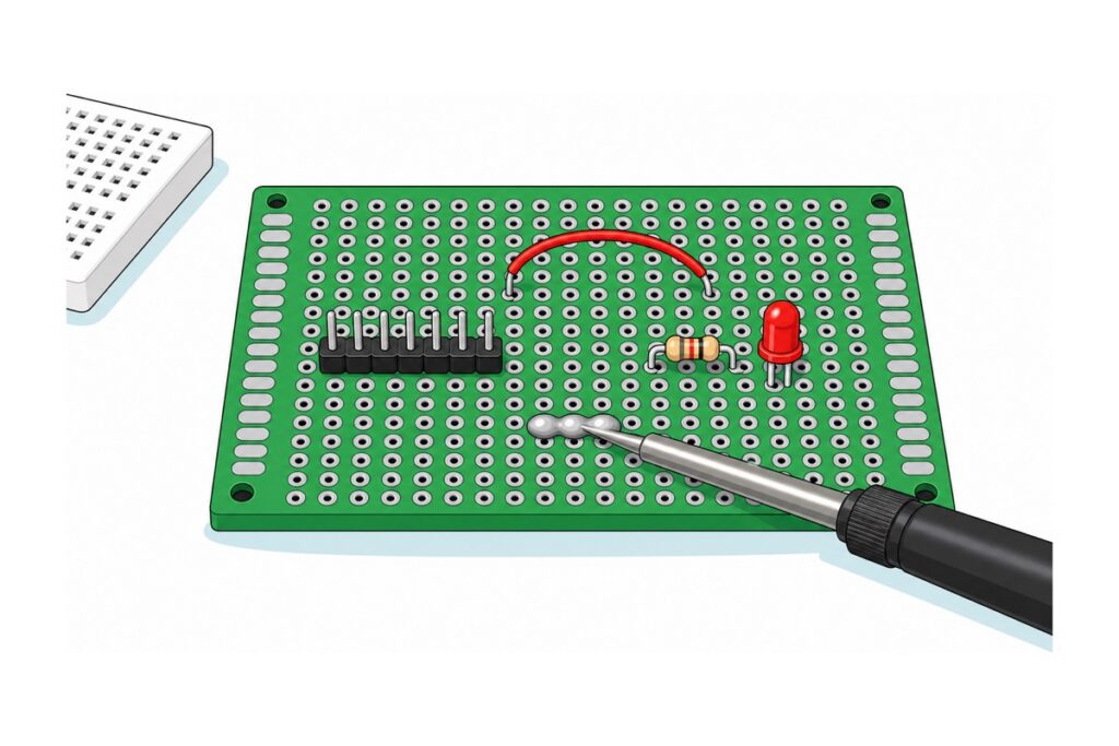 Cartoon of a large rectangular green donut board covered in a grid of silver ring pads with longer oval pads down both edges, carrying a black header strip, a beige resistor and a red LED, a chain of three silver solder blobs joining three adjacent pads, a red wire arcing across the board, a soldering iron tip entering from the right and a small white breadboard cropped at the top left