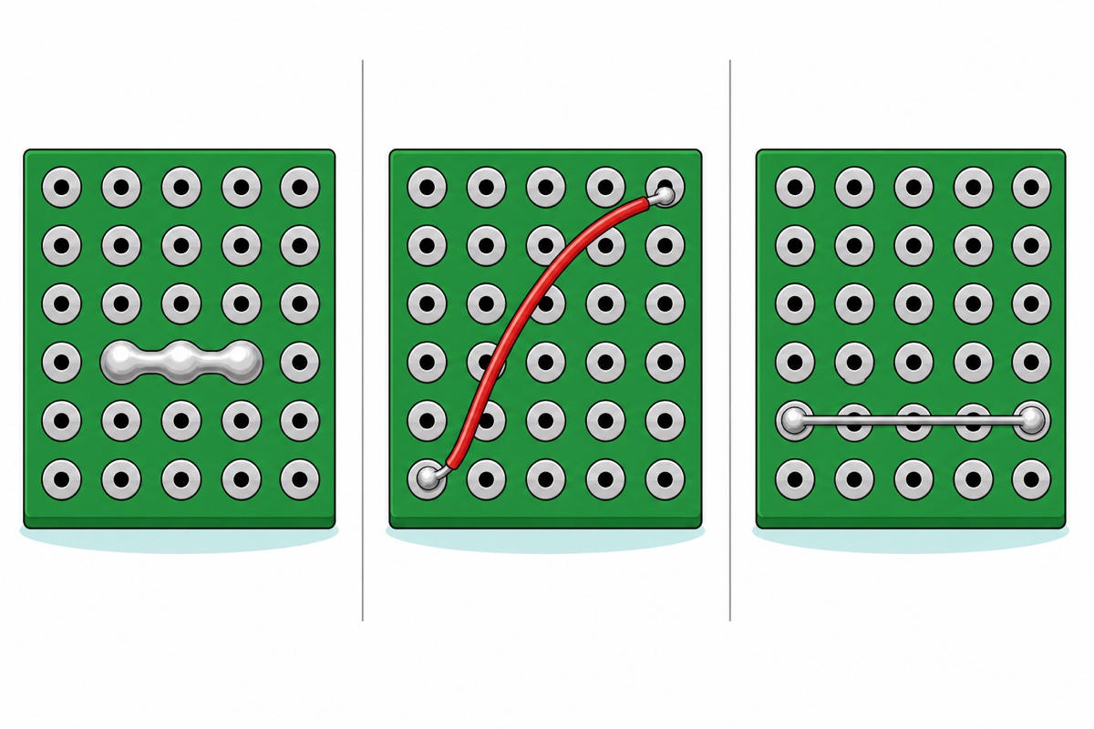 Cartoon comparison of three green donut board fragments with silver ring pads — one showing silver solder bridging three adjacent pads, one showing a red insulated wire arcing between two distant holes, and one showing a bare silver leg offcut soldered flat across a short row of pads