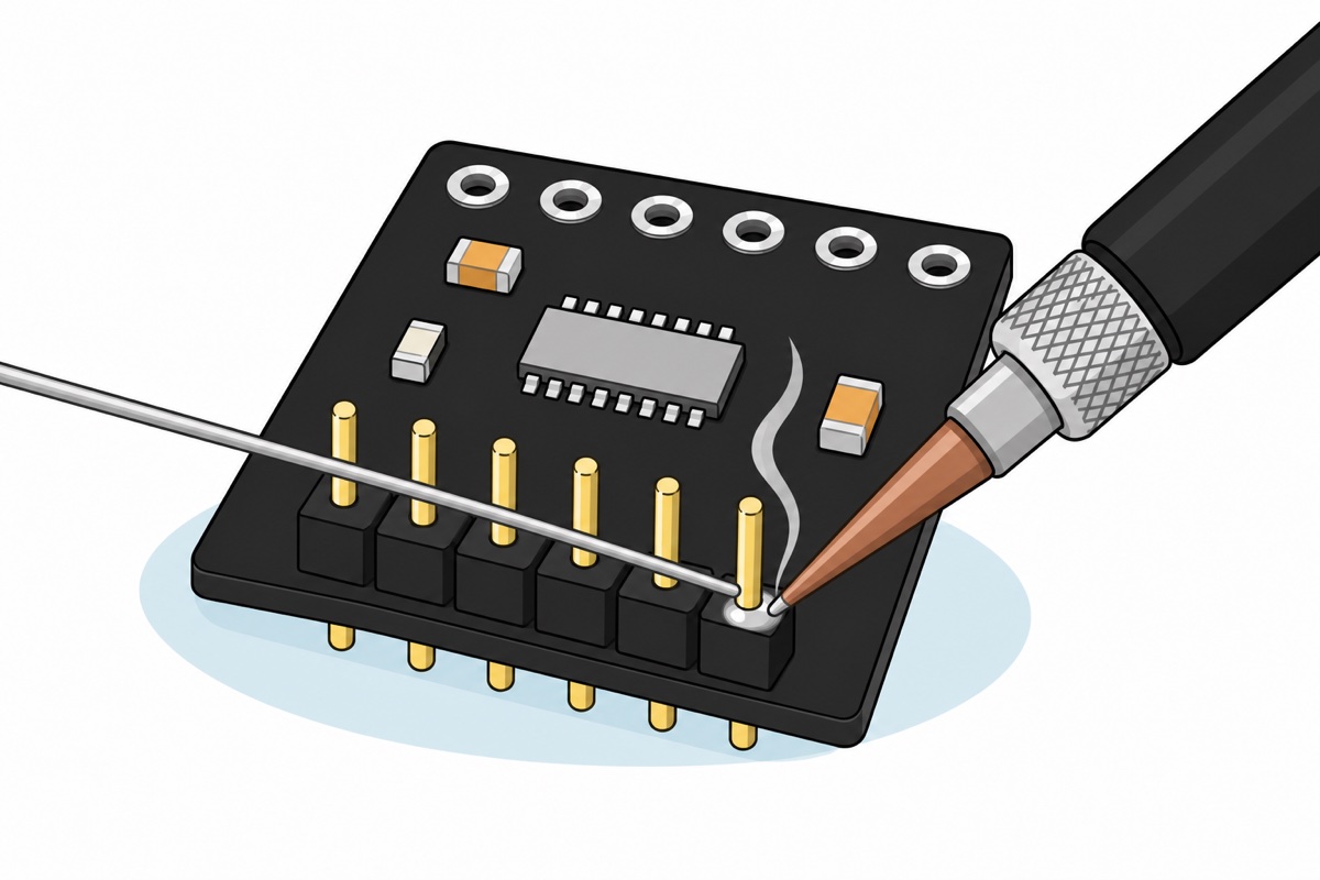 Cartoon close-up of a small black square DRV8833 board with a black six-pin gold header strip pushed into one edge, a soldering iron with a copper tip touching one pin to form a silver solder joint, a silver solder wire feeding in from the left, and six empty silver-rimmed holes along the far edge