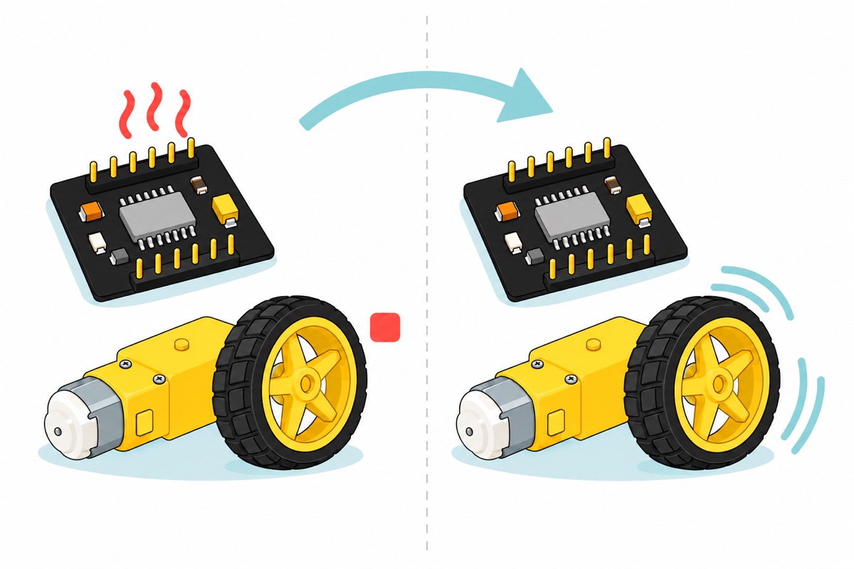 Cartoon comparison of a black square DRV8833 board with red heat squiggles beside a stopped yellow TT motor and wheel on the left, and the same cool board beside the same wheel spinning with teal motion arcs on the right