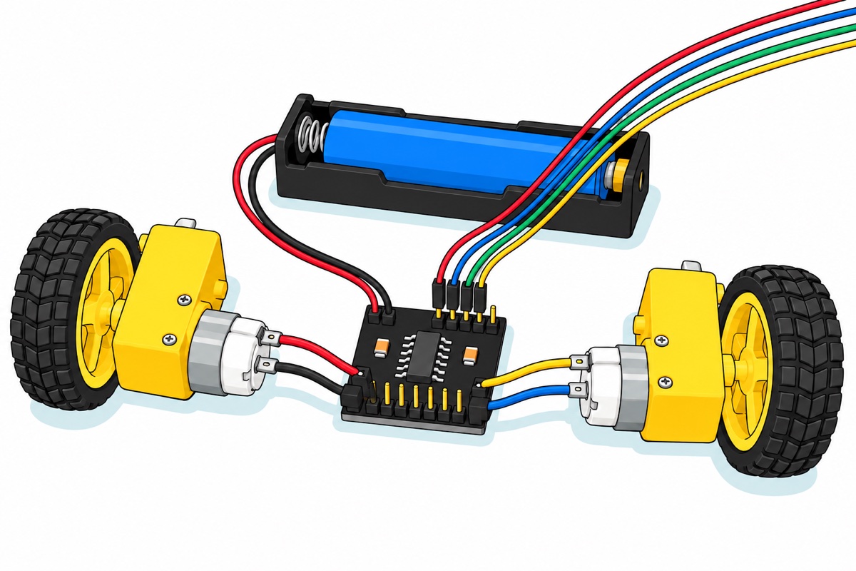 Cartoon of a two-wheel robot base with two yellow TT gearmotors and yellow spoked wheels with black tyres, a small black square DRV8833 board with gold header pins between them, and a black single-cell battery tray holding a blue lithium cell wired to the board