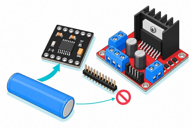 Cartoon of a small black square DRV8833 motor driver board with a loose gold-pin header strip lying beside it, a much larger red L298N board with a tall black finned heatsink and blue screw terminals behind it, and a blue lithium cell in front with a thick teal arrow reaching the black board and a thin arrow to the red board stopped by a red no-entry sign