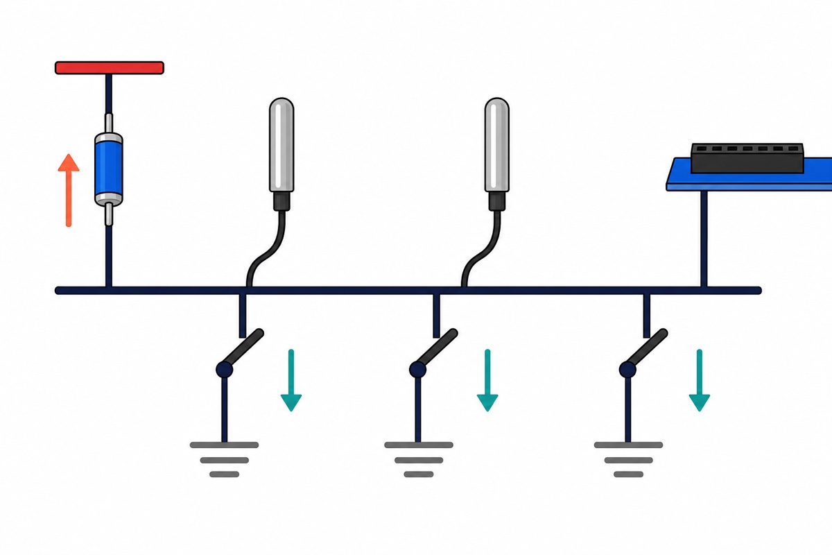 Cartoon diagram of an open-drain 1-Wire bus: a navy horizontal line with three switches pulling down to ground beneath two silver probes and a blue board edge, and a single blue resistor pulling up to a red supply rail