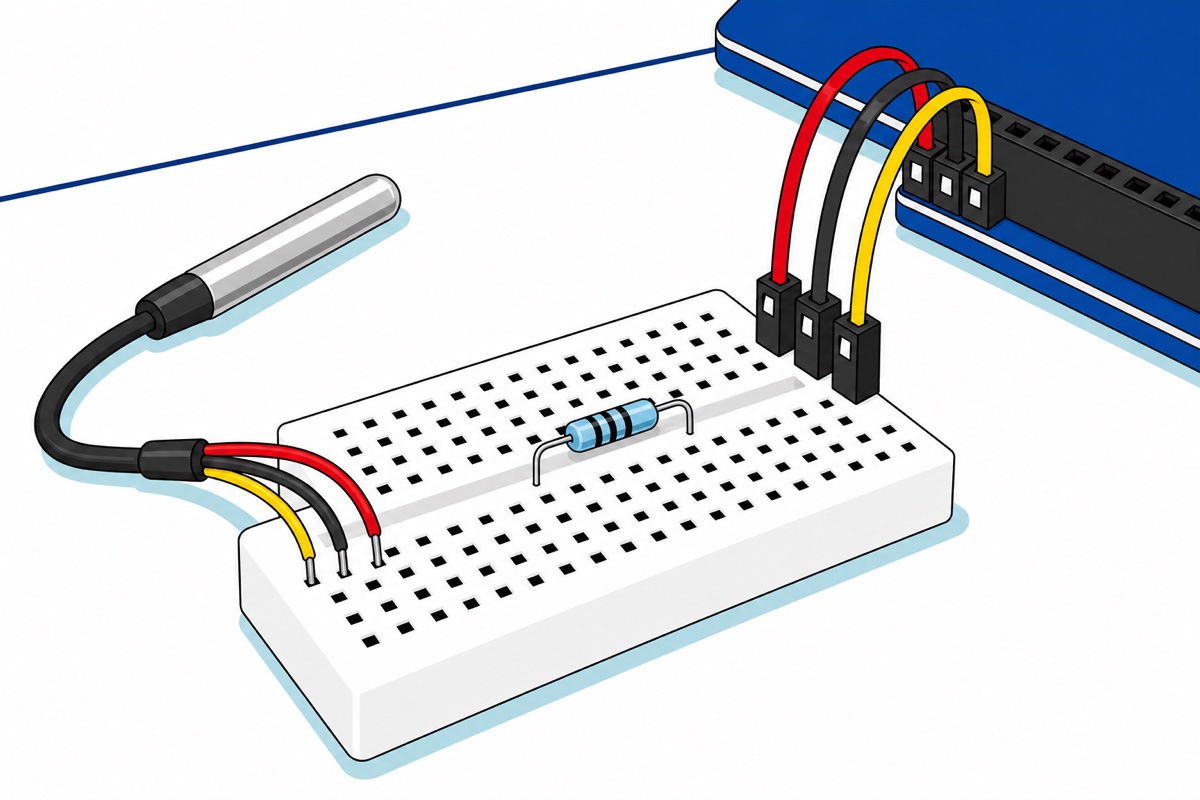 Cartoon close-up of a stainless steel temperature probe whose red, black and yellow bare tinned wires push into a plain white mini breadboard, with a small blue resistor bridging two columns and three jumper leads running to a dark blue shield