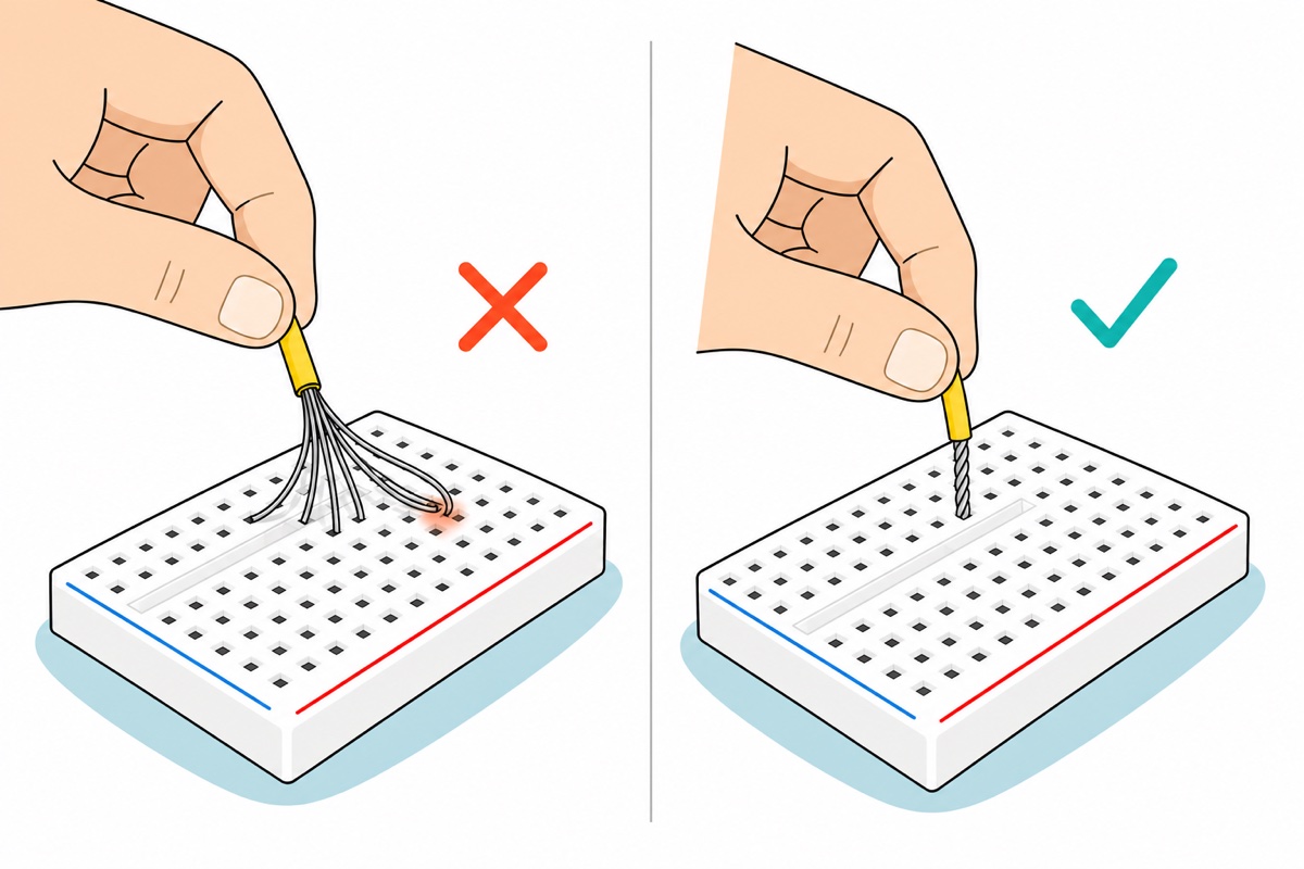 Cartoon comparison of a yellow stranded wire end β frayed silver strands touching a neighbouring breadboard hole marked with an orange cross, versus the same wire twisted into a neat point seated in one hole with a teal tick