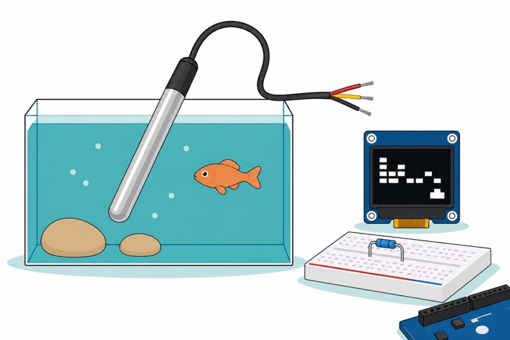 Cartoon of a silver stainless-steel DS18B20 waterproof probe hanging into a teal aquarium tank on its black cable with red, yellow and black bare tails, beside a dark-blue OLED module showing abstract white pixel blocks and a white breadboard holding a small blue resistor