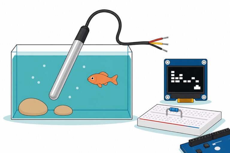 Cartoon of a silver stainless-steel DS18B20 waterproof probe hanging into a teal aquarium tank on its black cable with red, yellow and black bare tails, beside a dark-blue OLED module showing abstract white pixel blocks and a white breadboard holding a small blue resistor