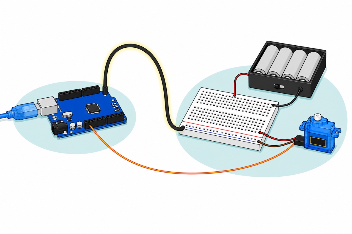 Cartoon diagram of two separate power islands, a blue USB-powered Arduino board and a black AA battery holder feeding a white breadboard and a translucent blue servo, joined by one thick glowing black GND wire