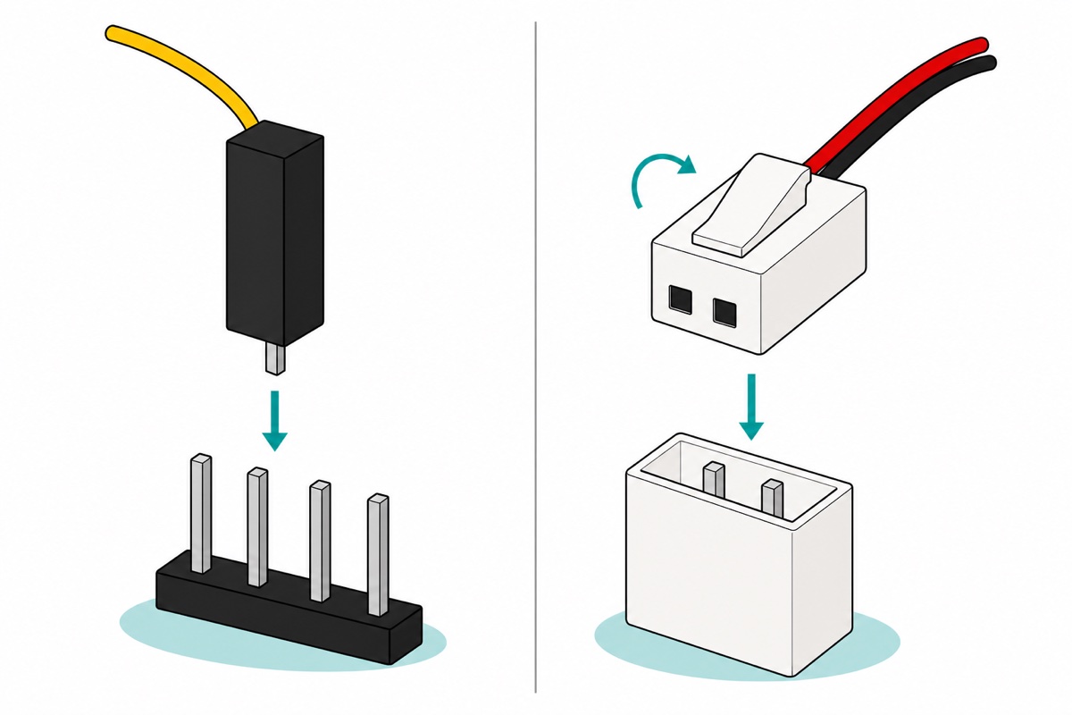 Cartoon comparing a black Dupont housing with a silver pin hovering over an open pin strip, and a white two-pin JST plug with a latch tab hovering over a four-walled shrouded header