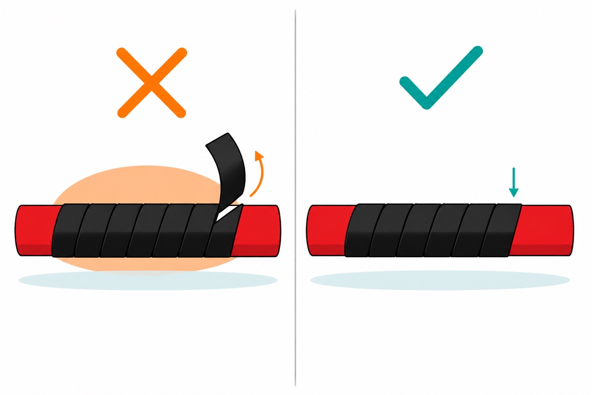 Cartoon comparison of two black-taped red wires, one with its last turn peeled up into a lifted flag beside an orange cross, the other with its last turn lying flat and smooth beside a teal tick
