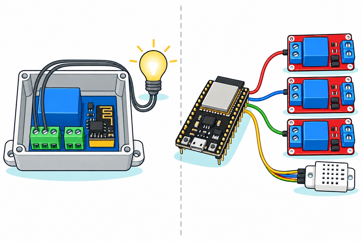 Cartoon comparison with a royal-blue ESP-01S relay board inside a grey project box wired to a single glowing lamp on the left, and a black ESP32 development board with a silver shield can wired by coloured jumpers to three red relay modules and a white sensor module on the right