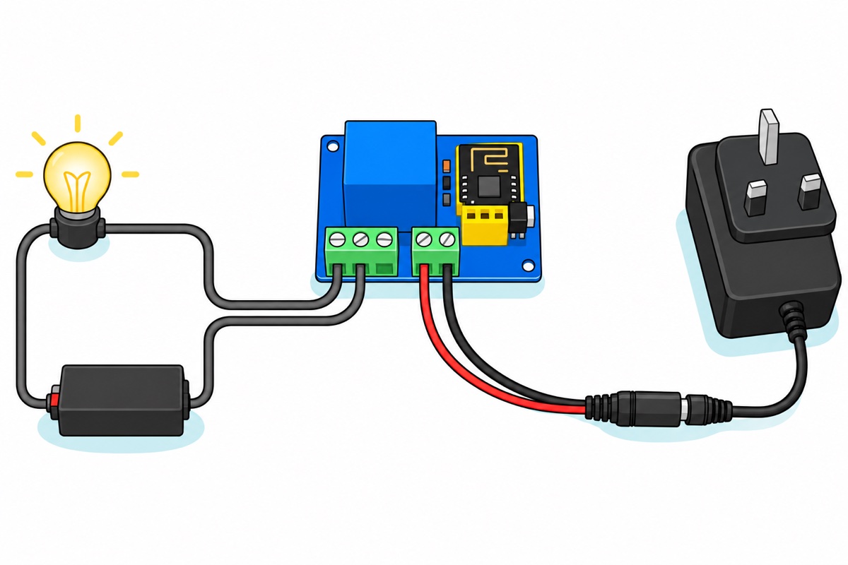 Cartoon of a royal-blue ESP-01S relay board seen from above with a red and black pair of wires running from its two-screw green terminal to a black wall power adapter, and two grey wires from its three-screw green terminal joining a separate loop containing a battery box and a glowing yellow lamp