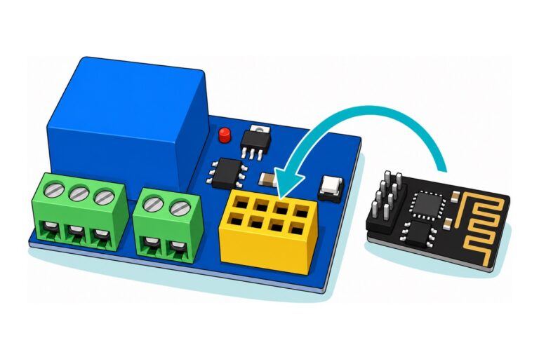 Cartoon of a royal-blue ESP-01S relay carrier board with a blue cube relay, two green screw terminal blocks and an empty yellow eight-hole socket, with a much smaller black ESP-01S module carrying a gold zigzag antenna lying beside it and a teal arrow pointing it into the socket