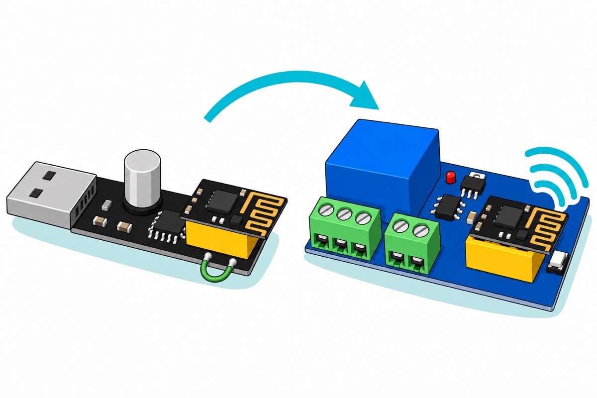 Cartoon showing a tiny black ESP-01S module with a gold zigzag antenna seated in a black USB downloader stick with a silver capacitor and a green wire bridging two pads underneath, and a teal arrow leading to the same module seated in the blue relay carrier board with teal wireless arcs beside it