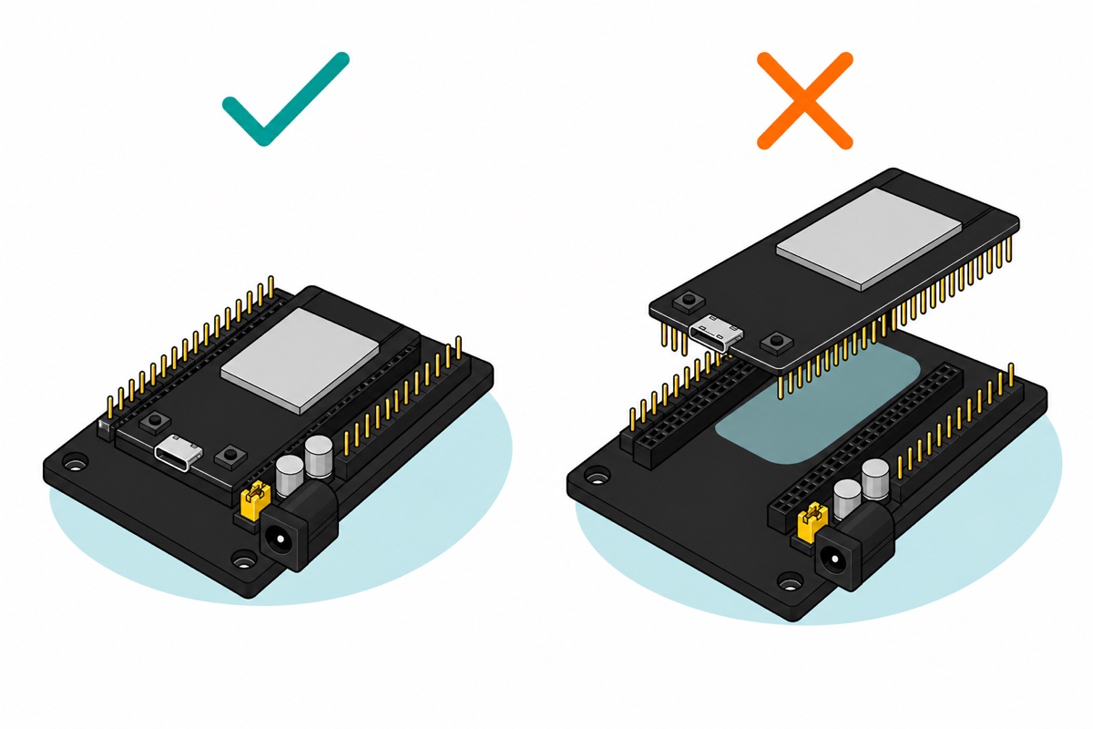 Cartoon showing a short 30-pin matte-black ESP32 board seated correctly in a black expansion shield with a teal tick, beside a longer 38-pin board hovering above the same sockets and overhanging with an orange cross