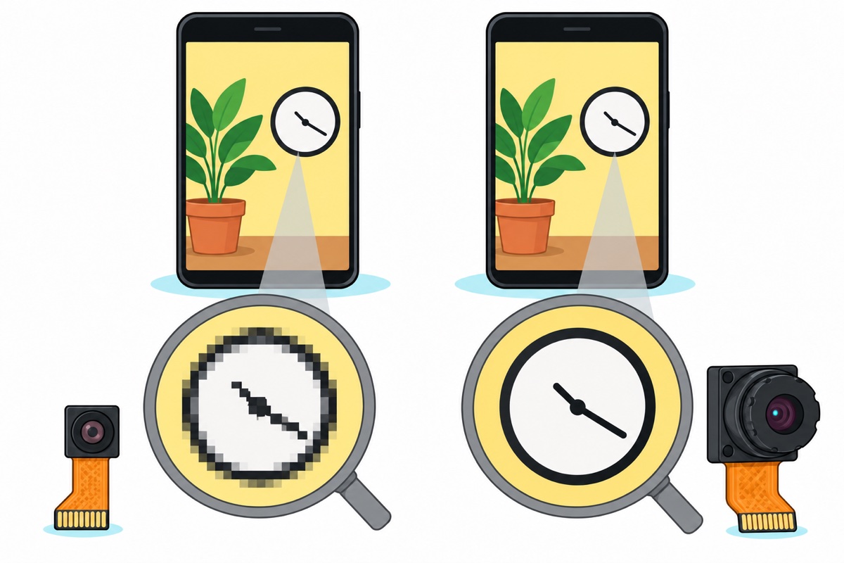 Cartoon of two phones showing the same plant and clock picture, with magnified views underneath: blocky pixels from the small OV2640 camera on the left, a crisp clock from the larger OV5640 camera on the right