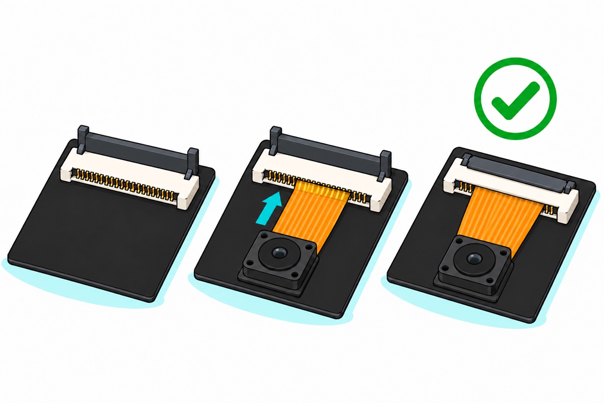 Three-step cartoon of a white ribbon connector on a black board: latch flipped up over an empty slot, an orange camera ribbon sliding straight in, and the latch pressed flat with a green tick