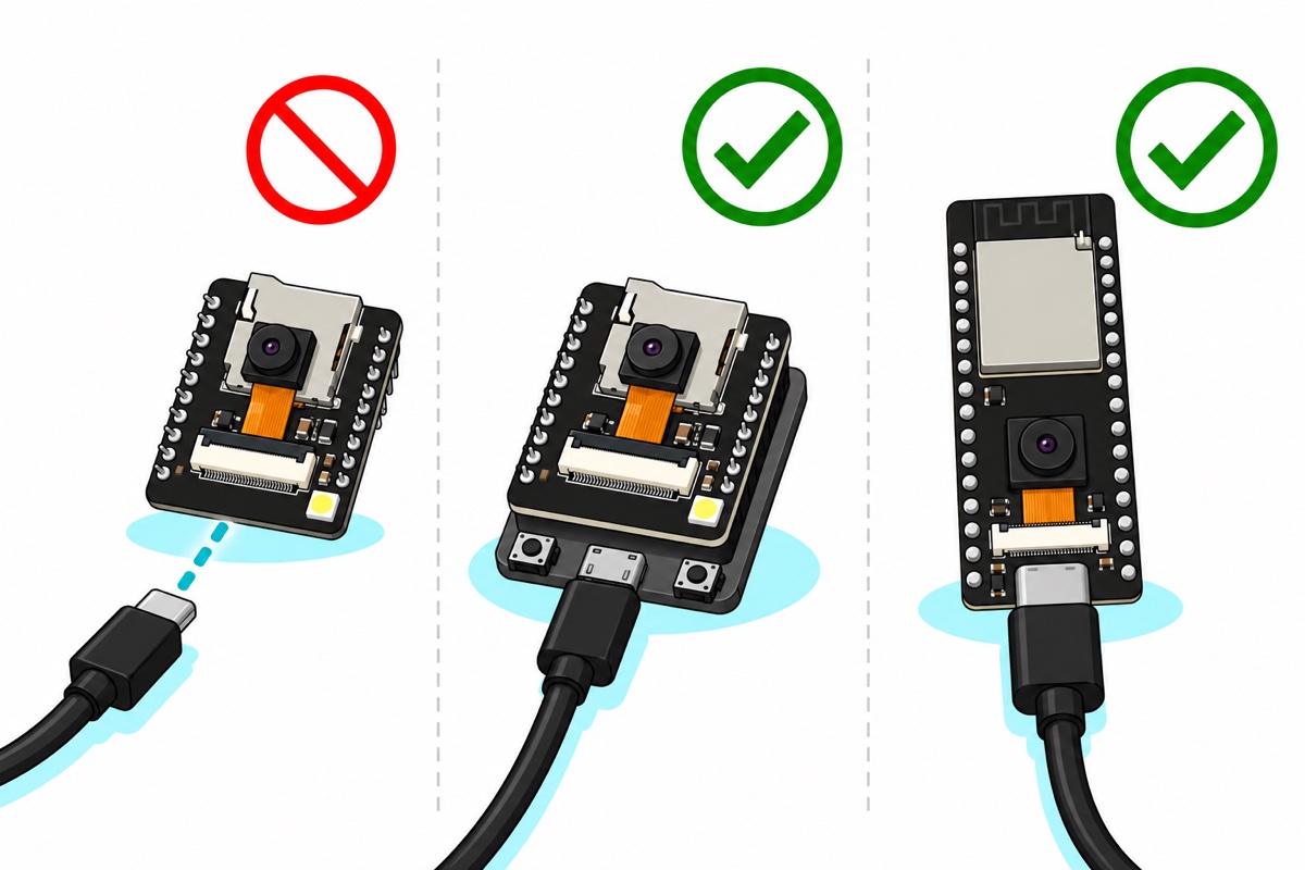 Three-panel cartoon: a bare black ESP32-CAM board with no USB socket and a crossed-out cable, the same board on a grey programmer shield with a micro-USB cable and a tick, and a long black ESP32-S3 camera board with a USB-C cable and a tick