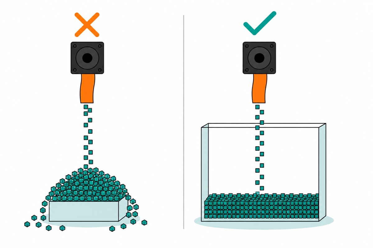 Cartoon comparing a camera on an orange ribbon overflowing a small teal memory box with an orange cross, against the same camera filling a much larger teal memory box with room left over and a teal tick