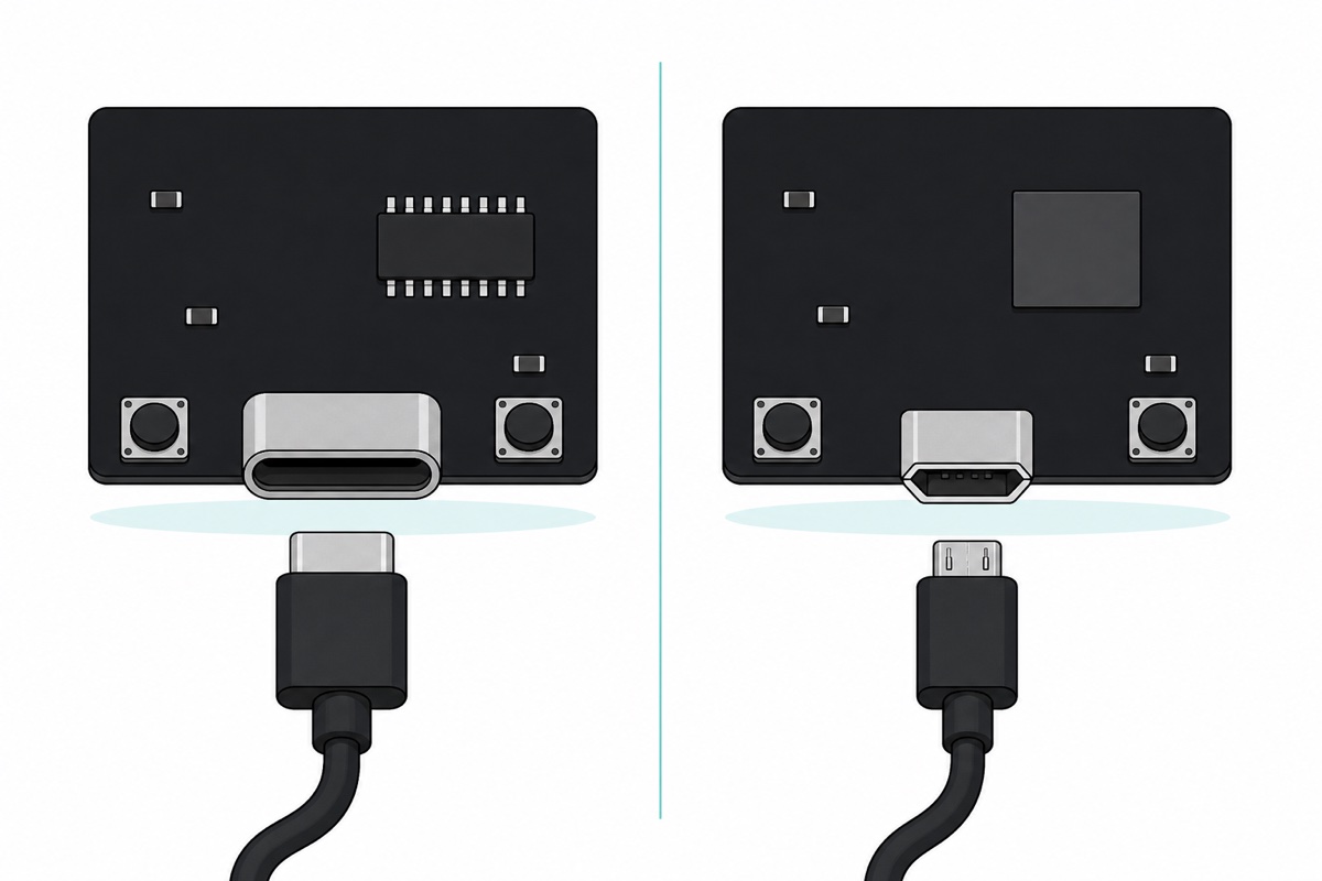 Cartoon close-up comparing a matte-black board edge with a silver oval USB Type-C socket and a small legged chip against a board edge with a silver trapezoid micro-USB socket and a flat square chip