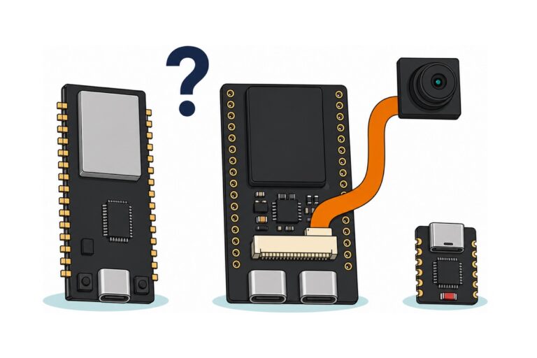 Cartoon comparison of three matte-black ESP32 boards - a 30-pin classic board with a silver shield can and one USB-C port, a wide S3 board with two USB-C ports and a black camera on an orange ribbon, and a tiny C3 Super Mini with gold castellated pads