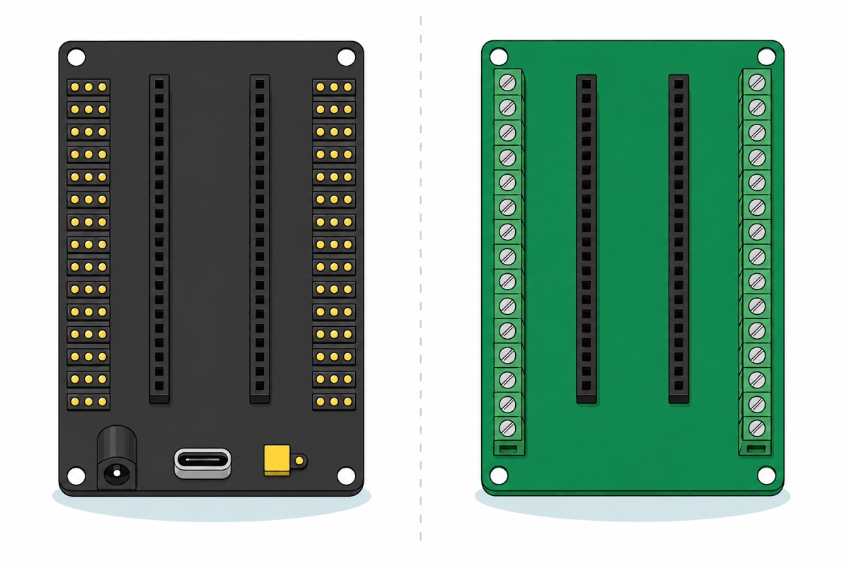 Cartoon comparison of a black ESP32 30-pin expansion board with two centre socket rows, three-pin gold headers, a barrel jack, USB-C socket and yellow jumper cap on the left, and a green ESP32 terminal adapter board with two centre socket rows and rows of green screw-terminal blocks with silver screws on the right